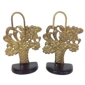 Ornate Brass Flower Basket Bookends 9 inches Tall 3D Cast Metal Base Vintage